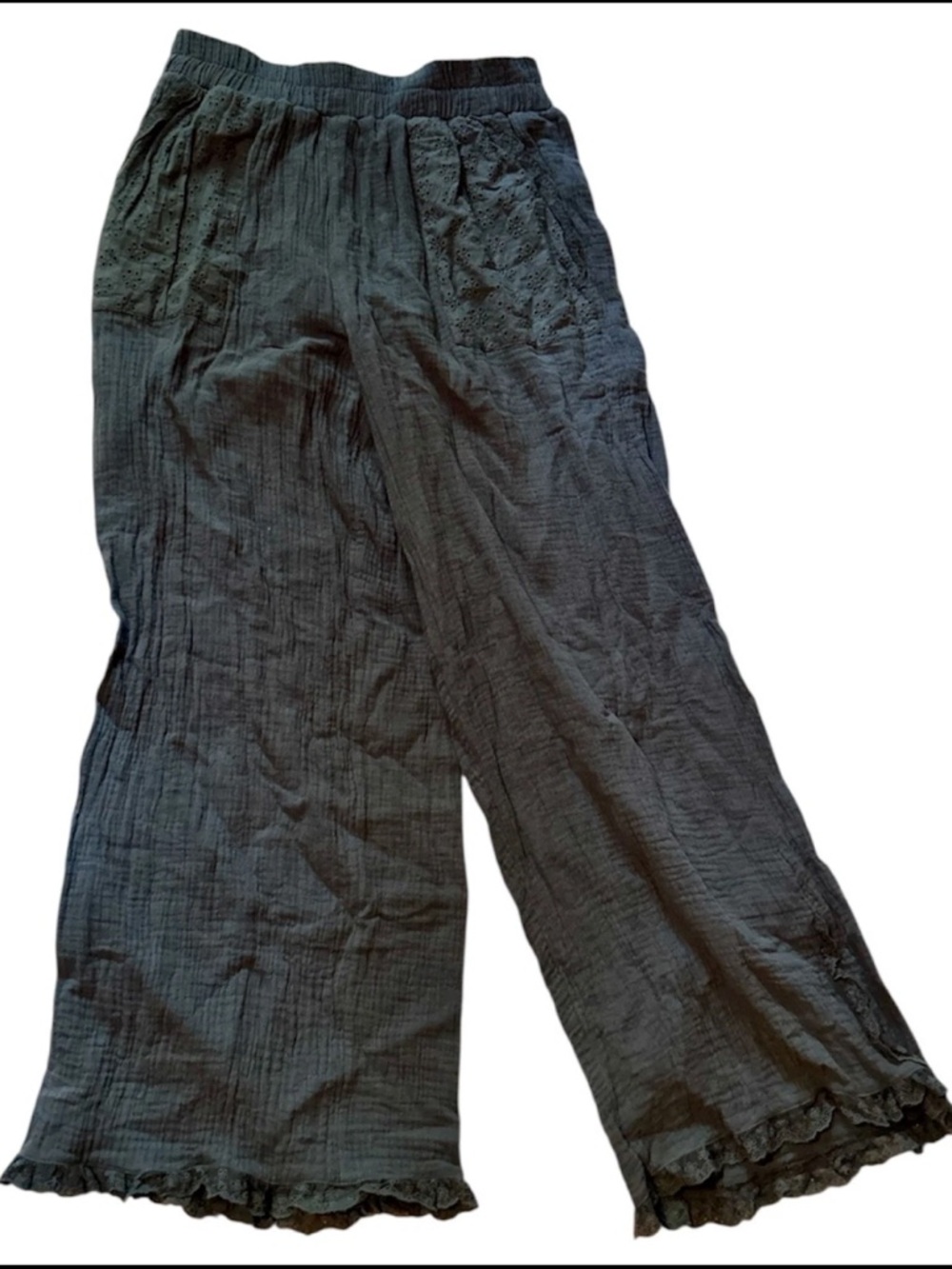 Blue Umgee Linen Boho Pleated Lightweight Lace Pocket Cotton Pants Size Medium